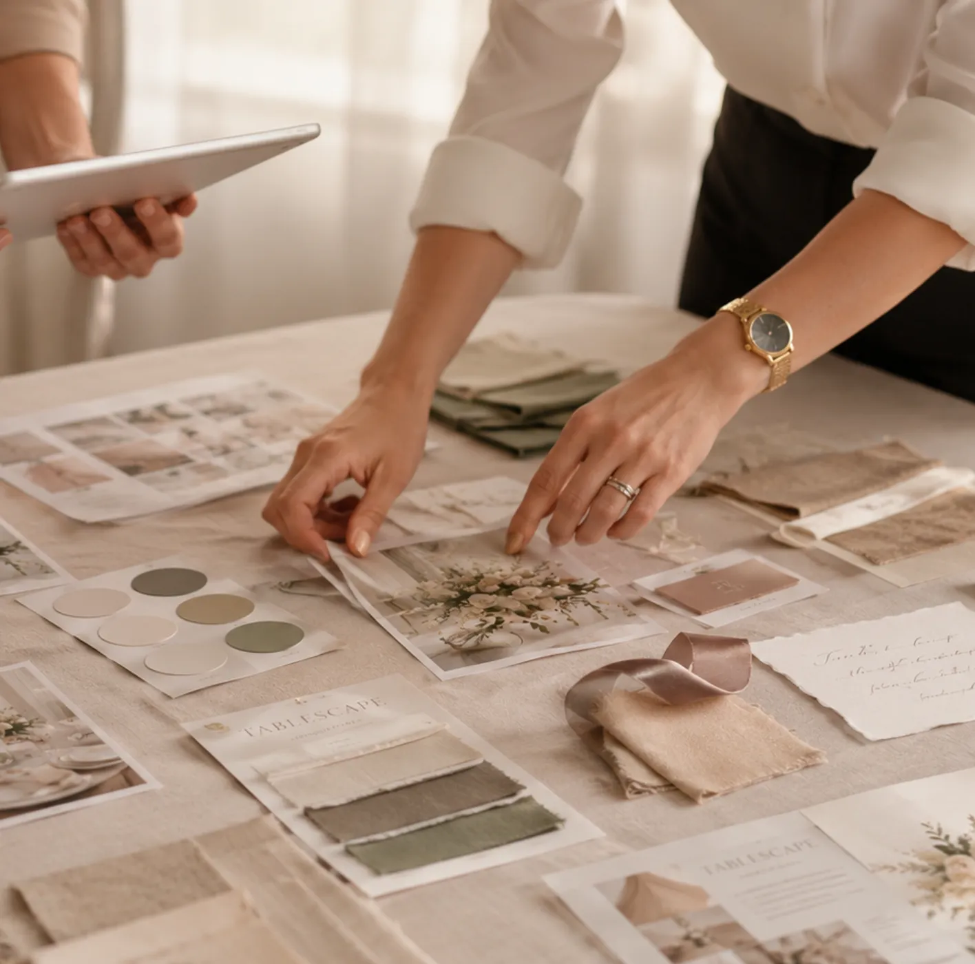 Event planner arranging a moodboard of fabric swatches, colour chips and printed references